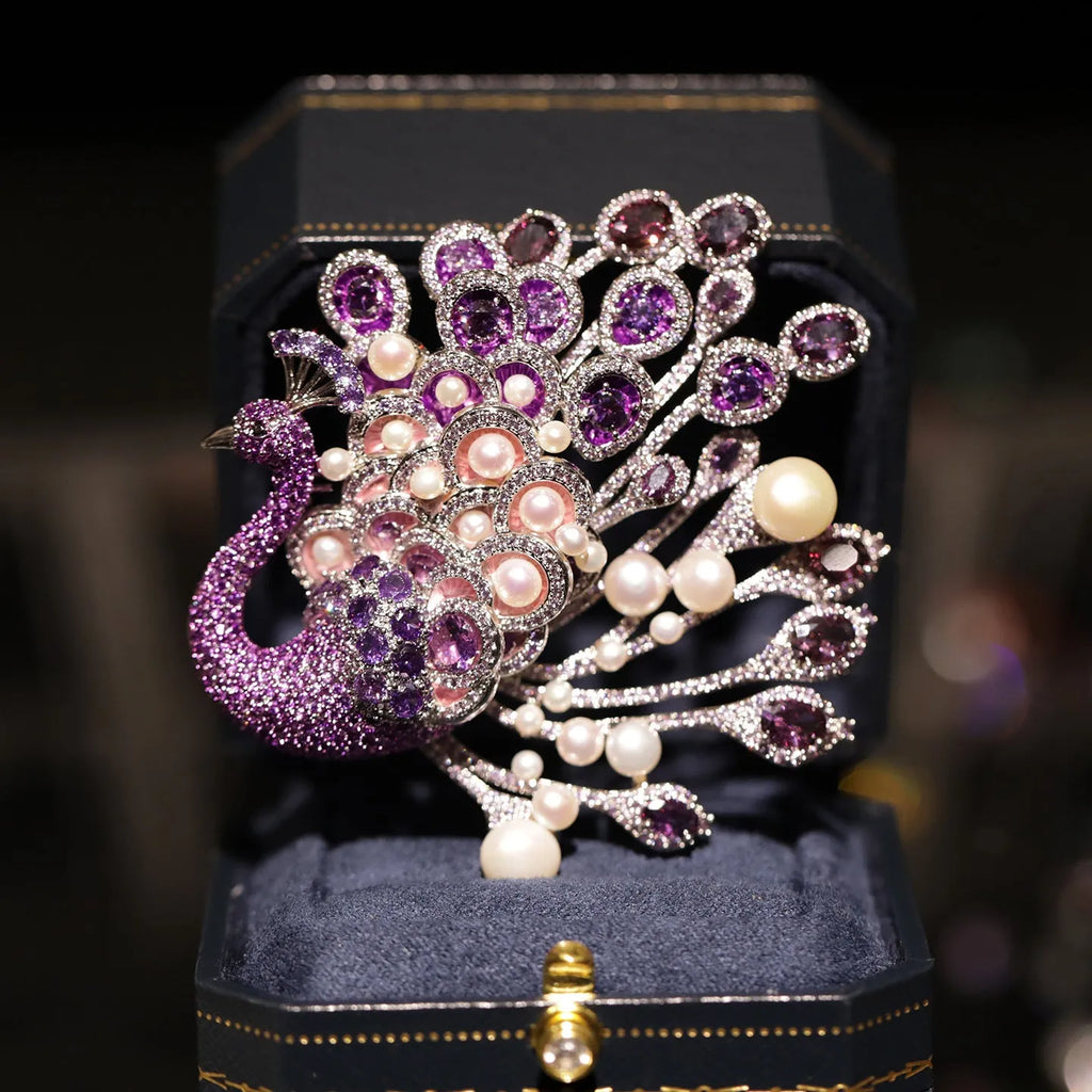 Alloy freshwater pearl peacock brooch on a pink surface, Style1 finish