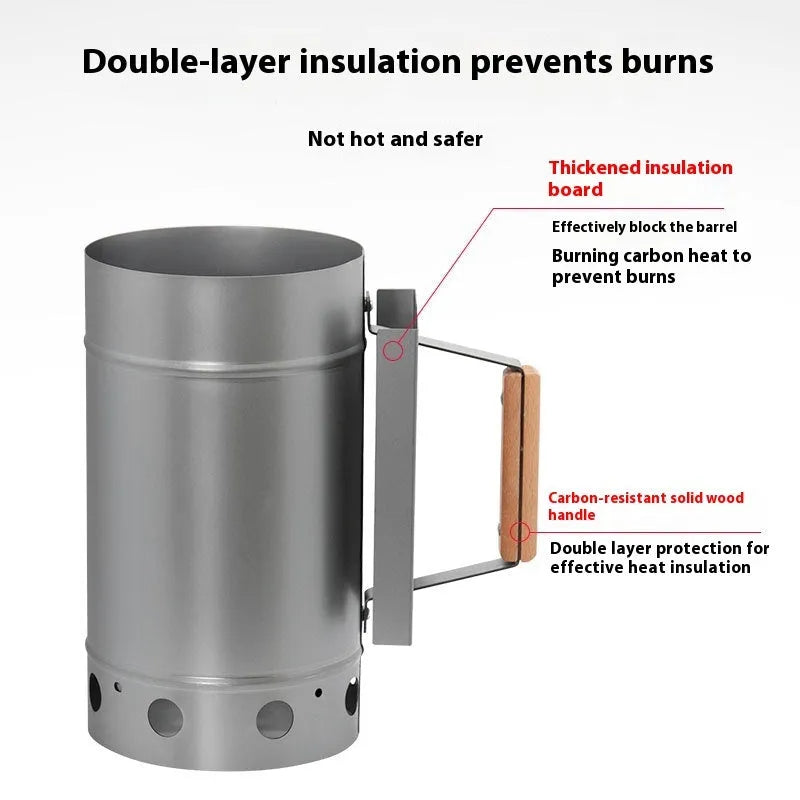 Zinc-iron alloy outdoor charcoal fire starter with carbon bucket design and igniter.