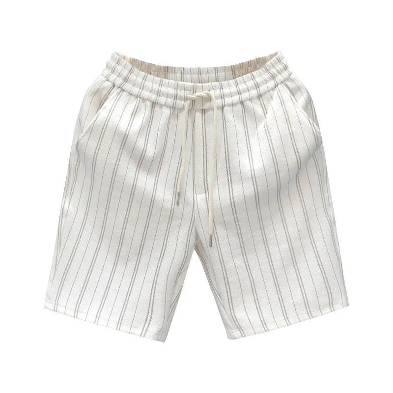 Man wearing black and white striped fleece-lined casual shorts with an elasticated waistband.