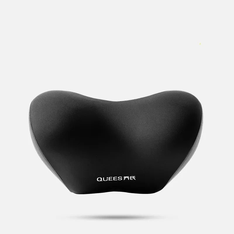 Black and grey memory foam car lumbar support pillow and matching headrest cushion on a car seat.