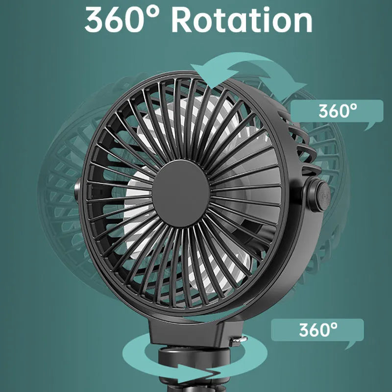 Black 2000mAh flexible tripod clip on fan with 3 speeds and USB charging on a white background