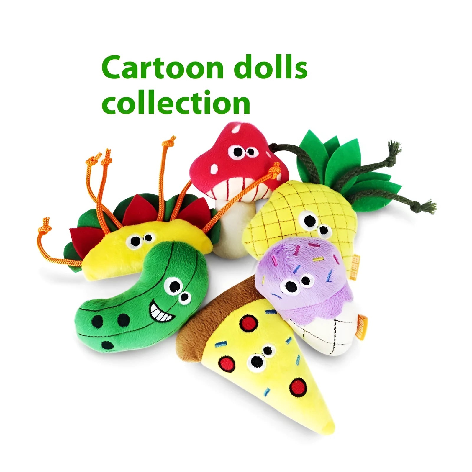 Polygonum wood filled cat plush toy in food shapes like burrito, cone, cucumber, mushroom, pineapple, pizza
