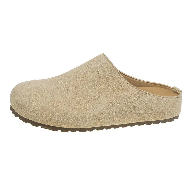 Korean style square toe slip-on slippers in apricot microfibre with a flat PU sole