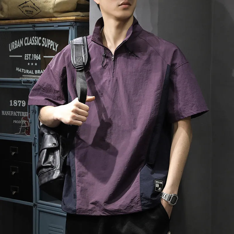 Men's brown half-zip stand collar business casual shirt with short sleeves