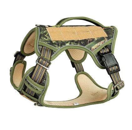 Working dog tactical chest strap harness in Oxford cloth with adjustable sizing and camouflage colour options