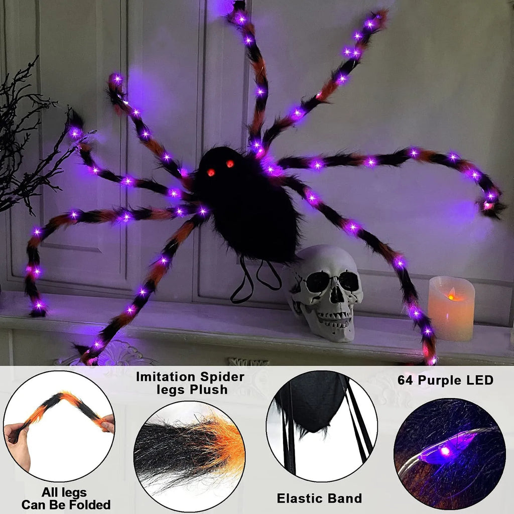 Halloween spider backpack with LED lights in plush sugar bag material showing colour variations