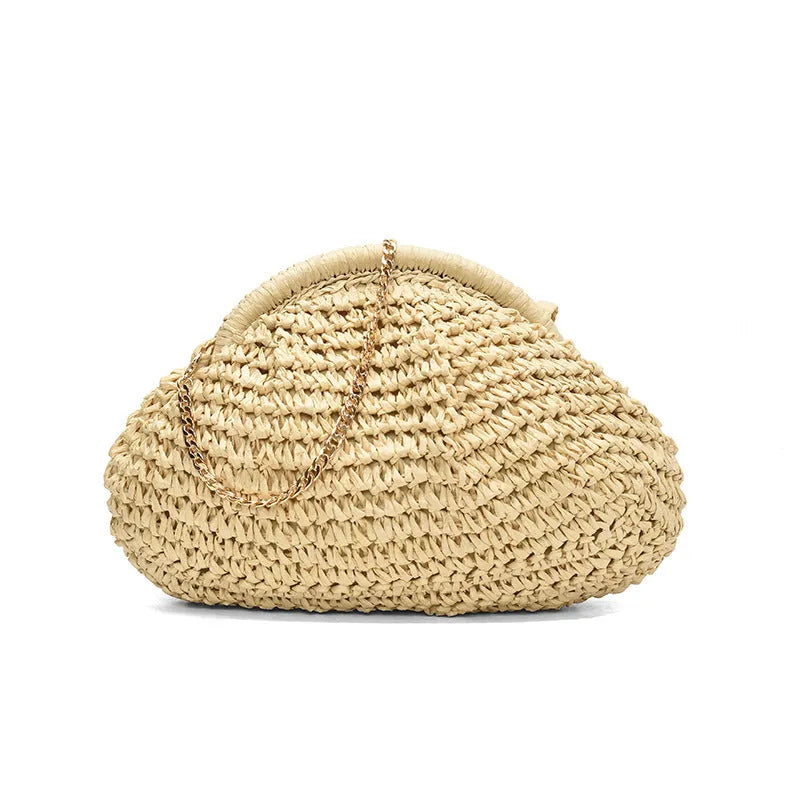 Women's shell-shaped straw beach bag with chain strap in khaki colour