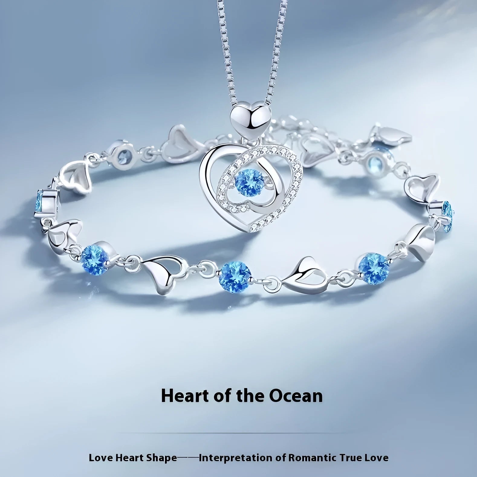 Blue diamond necklace and bracelet set with geometric love heart pendant on adjustable chain