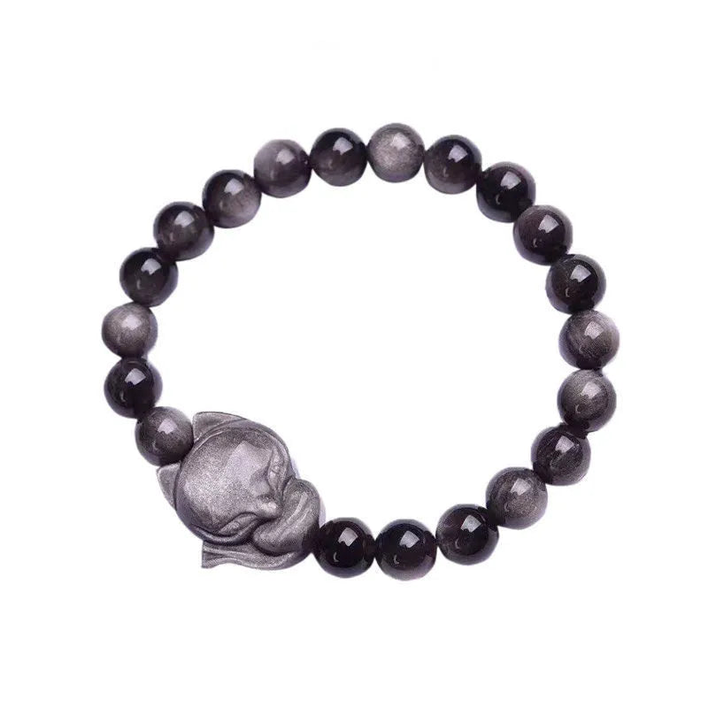 Obsidian bracelet with silver fox charm and 8mm polished bead