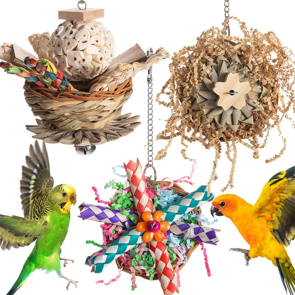 Parrot gnawing toy shown in three different size sets for bird beak conditioning