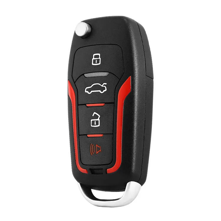 Red and black one-way remote control car alarm system with two remotes for vehicle security.