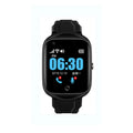 Square-faced black smartwatch for elderly with GPS, SOS button, and silicone strap on wrist
