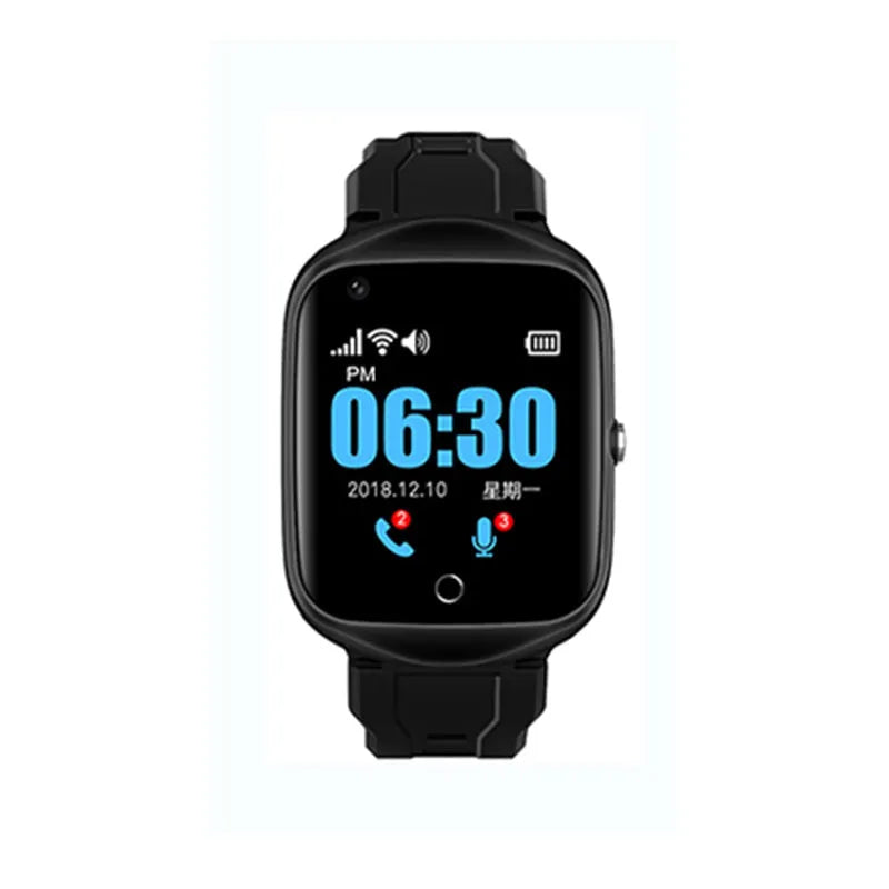 Square-faced black smartwatch for elderly with GPS, SOS button, and silicone strap on wrist