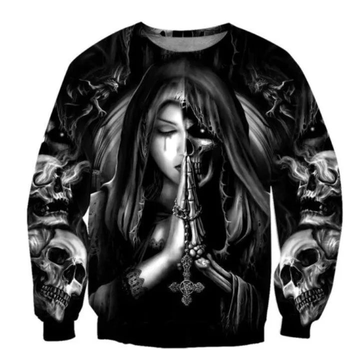 Hooded casual sweatshirt with 3D Halloween skull anime graphic print in long sleeve design