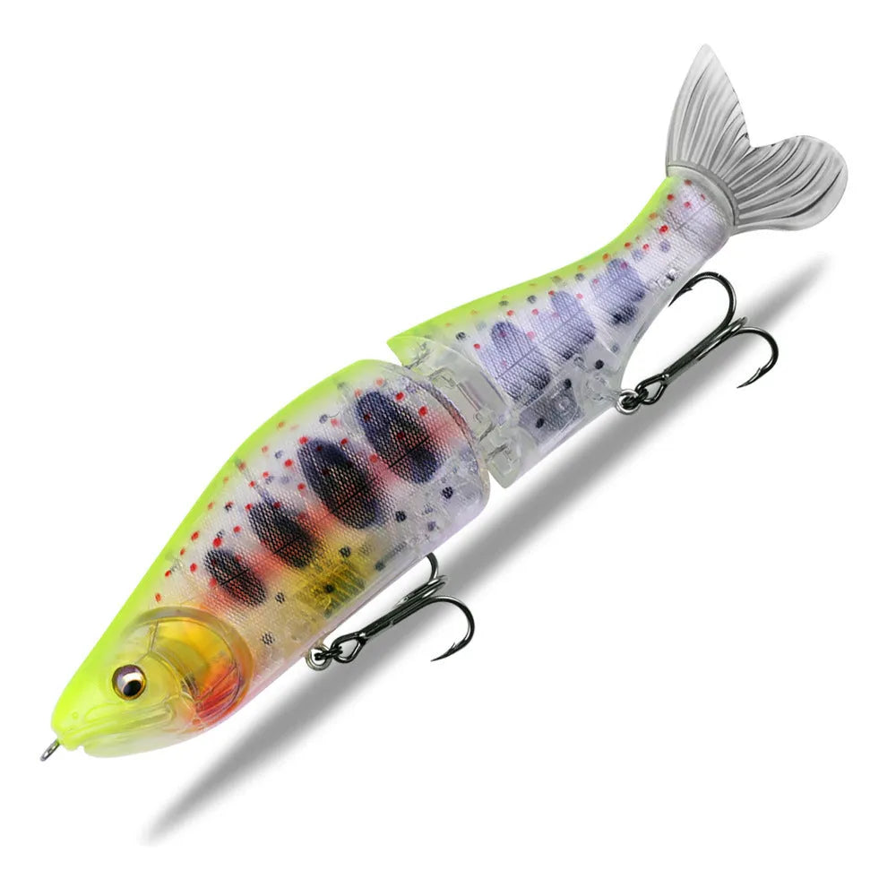 185mm plastic bass fishing swimming bait showing colour options and length measurement