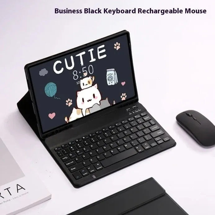 Samsung Galaxy tablet in a TPU protective case with a matching Bluetooth keyboard and charging mouse.