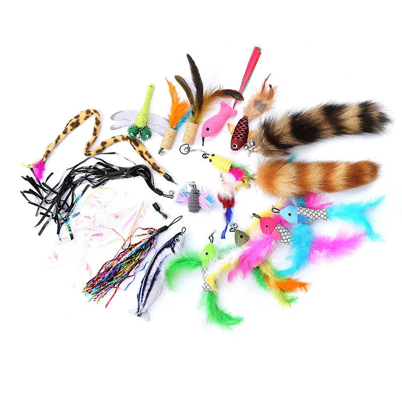 Extendable cat fishing rod with feather teaser attachments and replacement heads