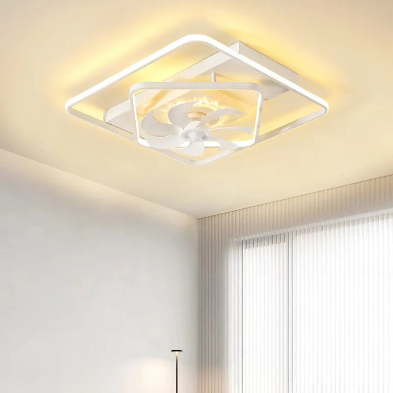 Ceiling fan lamp with light showing five plastic blades and acrylic lampshade in modern simple style
