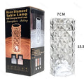 Clear acrylic crystal rose petal table lamp with plastic LED, warm white light, compact 12.2cm size on a desk