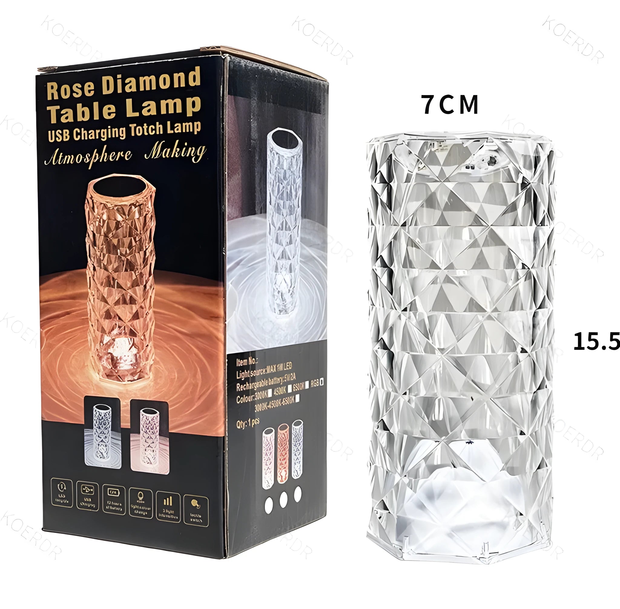 Clear acrylic crystal rose petal table lamp with plastic LED, warm white light, compact 12.2cm size on a desk