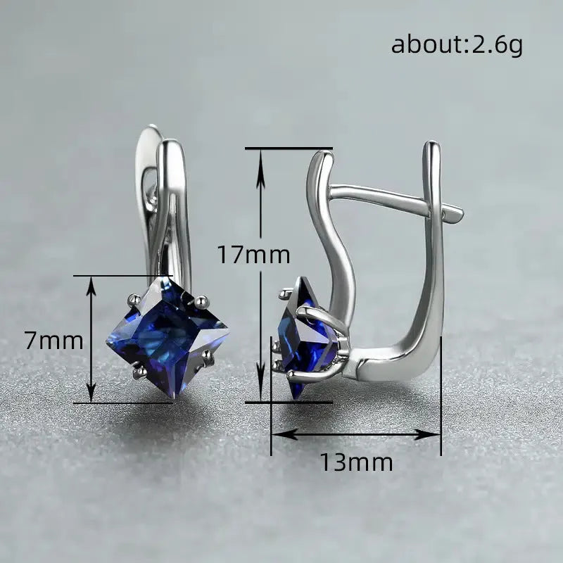 Women's diamond design earrings with zircon inlay on copper base in blue, green and colour options