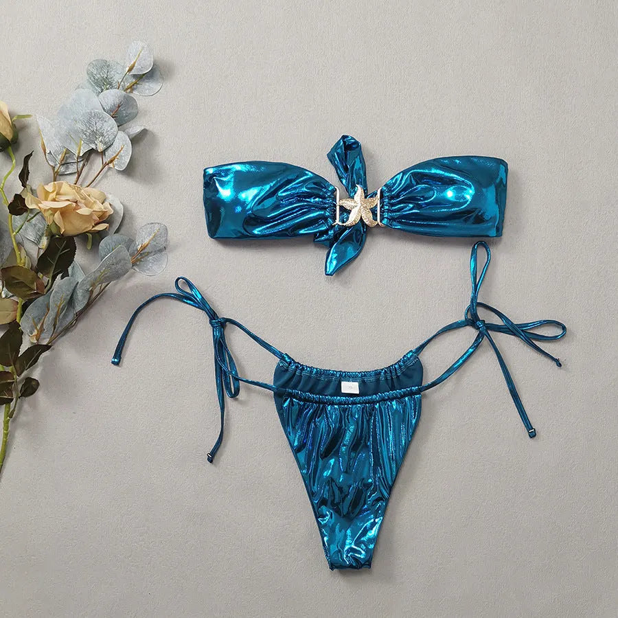 Women's sapphire blue glossy bikini with split tube top and gold starfish print.
