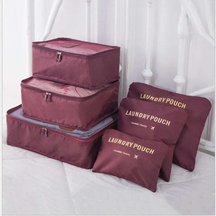 6 piece polyester travel storage bag set in hand bag type shape for clothes and cosmetic organisation, various colour options