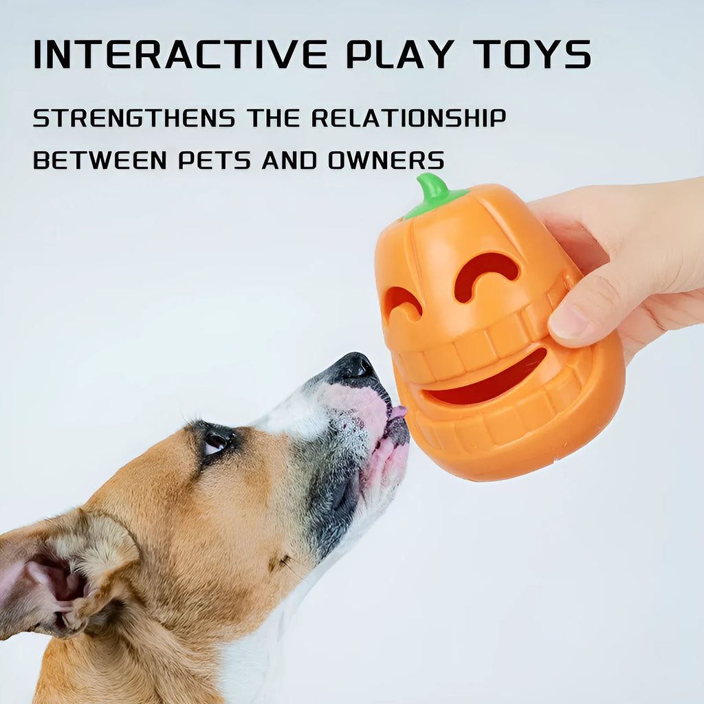 Halloween pumpkin shaped orange dog chew toy with treat-dispensing funnel opening