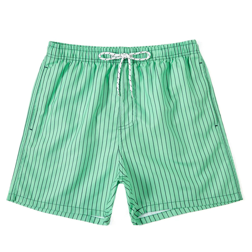 Striped triangle lining beach shorts in navy blue, grey, khaki and light blue colours with straight leg opening