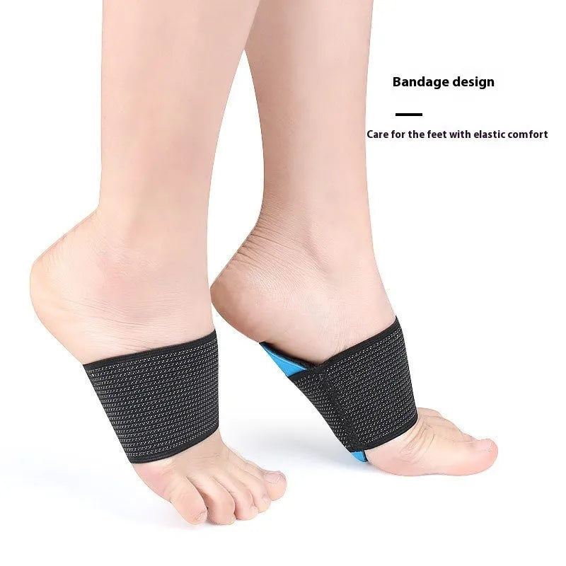 Blue elastic bandage arch support foot pad for flat feet, shown in adult size.