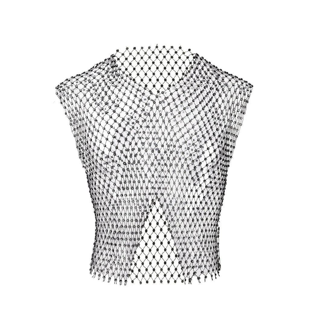 Men's big rhinestone split V-neck fishnet sleeveless top in nylon black and white