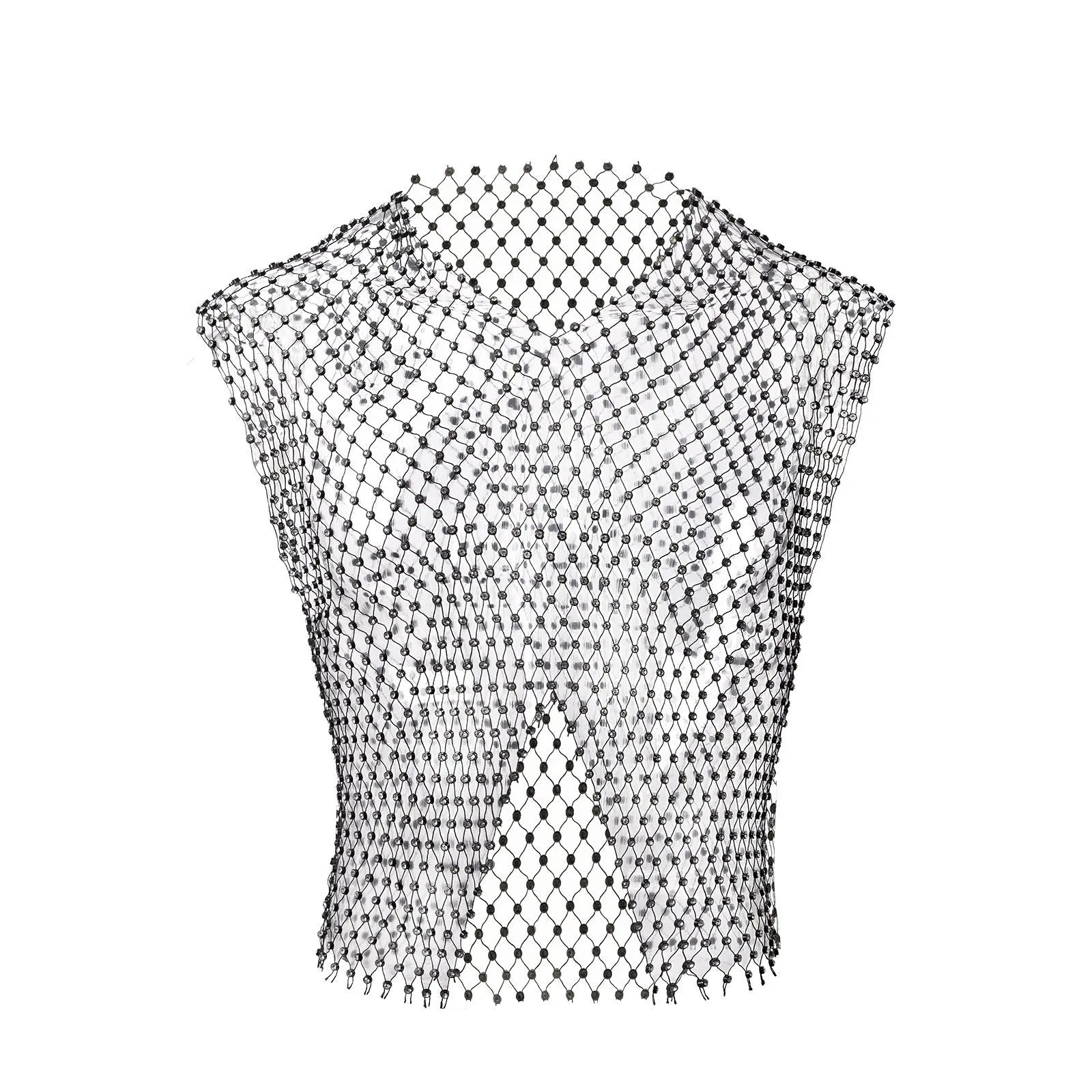 Men's big rhinestone split V-neck fishnet sleeveless top in nylon black and white