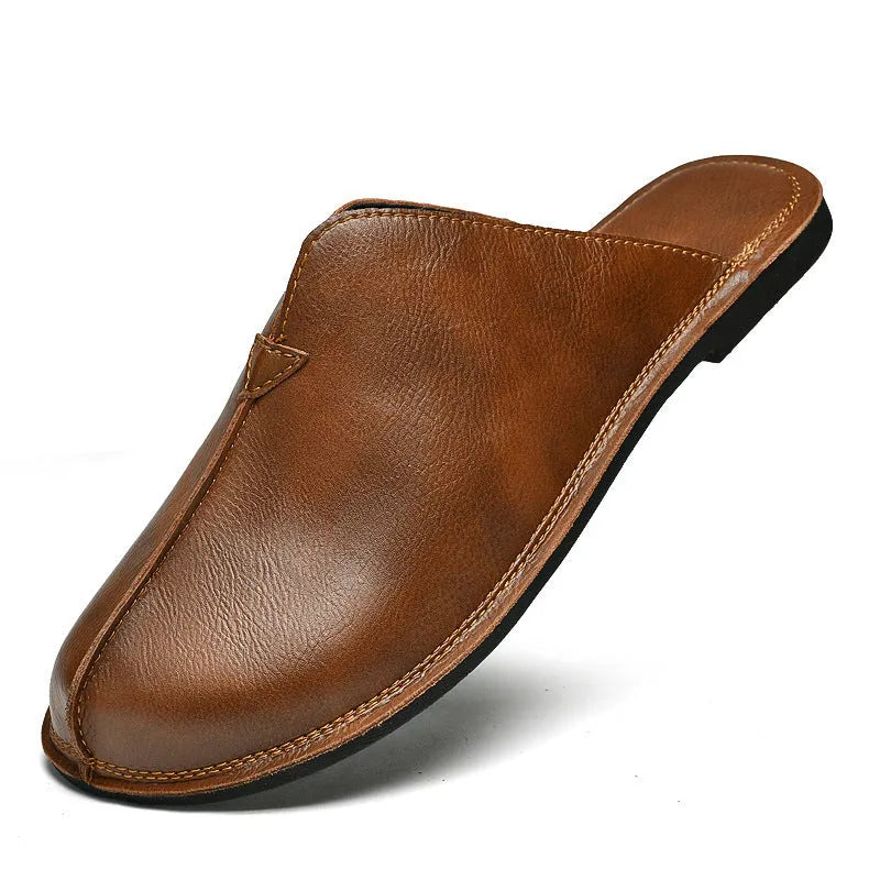Men's retro flat beach slippers in brown with rubber sole and viscose craft, size 38-47
