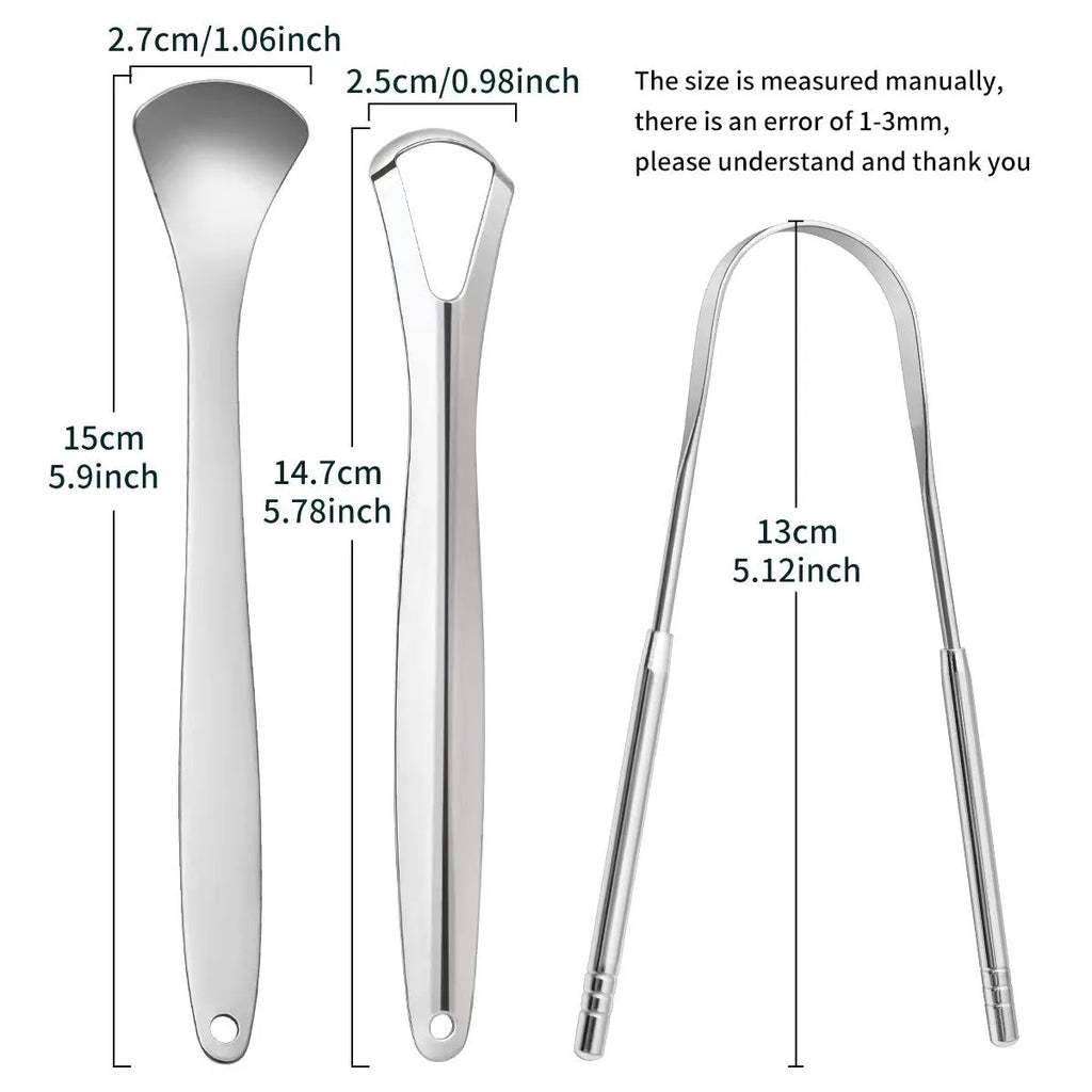 Stainless steel tongue coating cleaner set with large opening and spoon type U-shaped scrapers in pearlescent bags