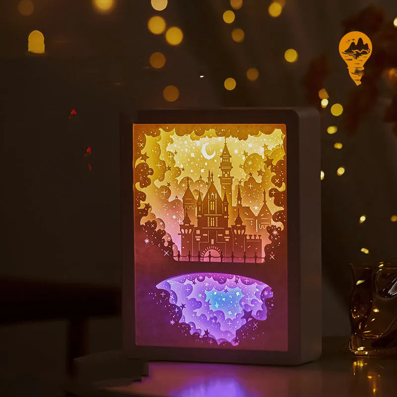 Three-dimensional paper carving USB night light with remote control on bedside table