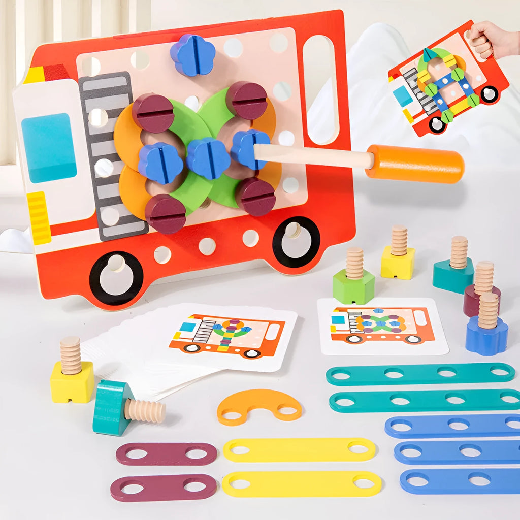 Wooden twist screw puzzle board with changeable shape and colour pieces for toddler matching game