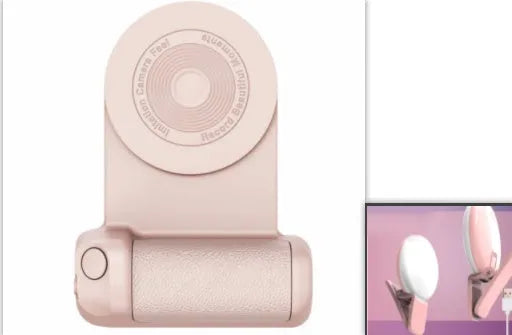 Black magnetic phone camera handle with rotatable design and PU leather grip on wooden table