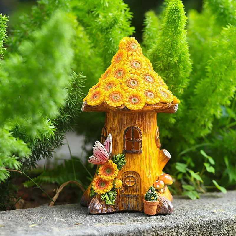 Resin solar lamp decoration tree house hand-painted cartoon pastoral style for outdoor garden lawn