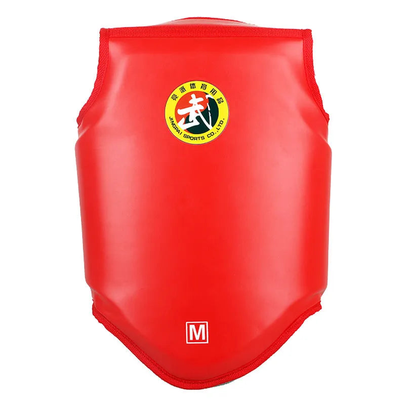 Red boxing helmet with integrated chest protector for fighting training