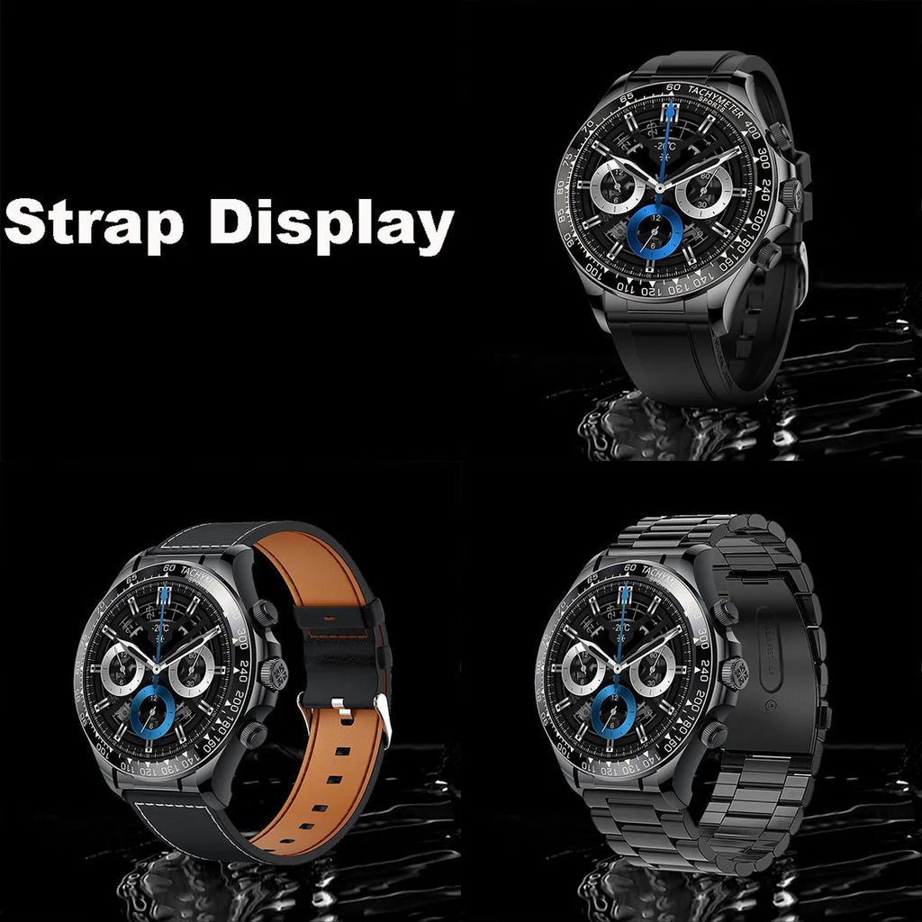 Round screen smart watch EX108 in black silicone with three straps showing Bluetooth calling interface