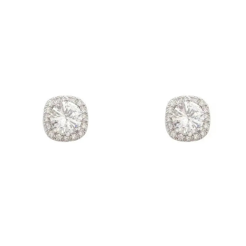 Square geometric earrings with diamond detailing in silver and gold colour options
