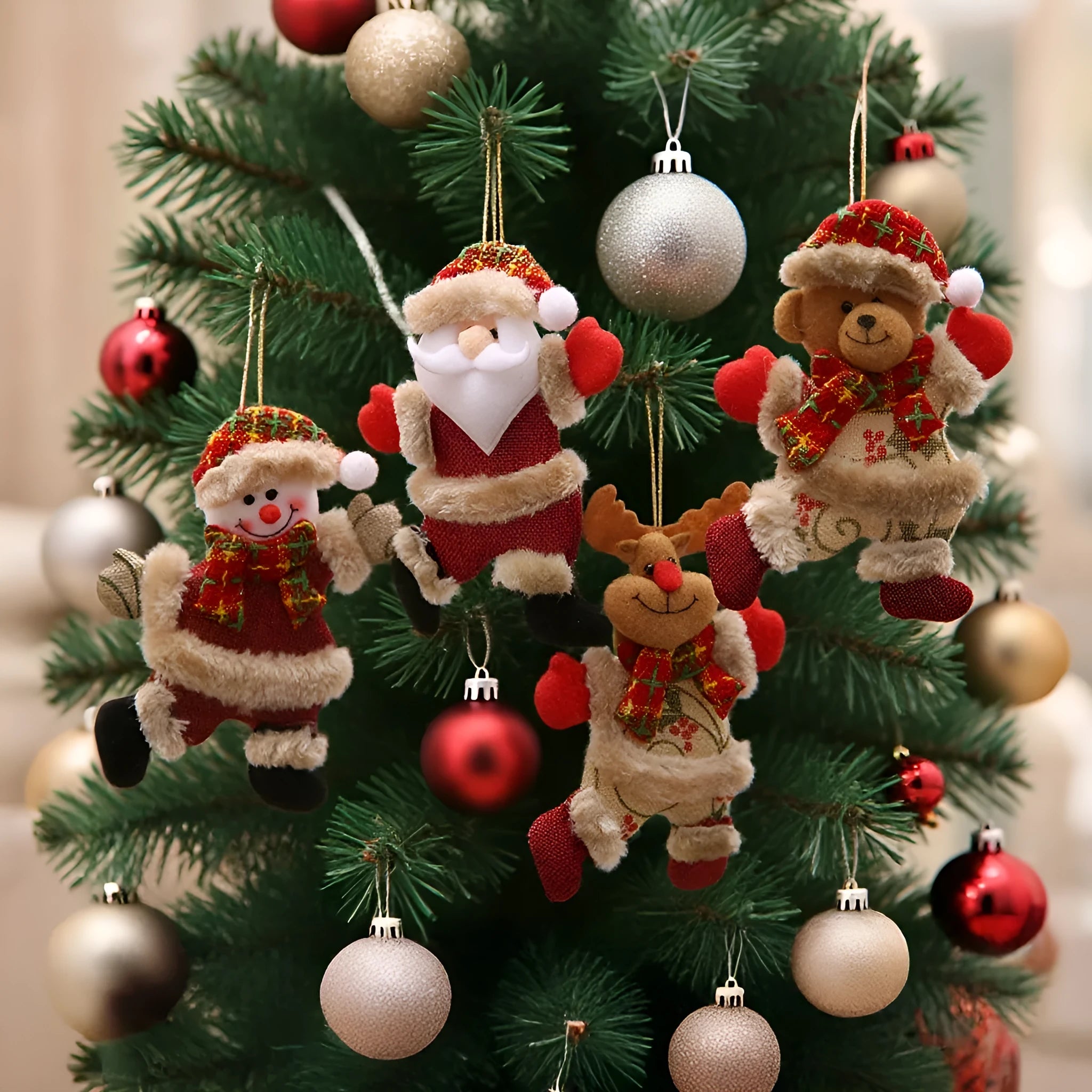 Set of 4 festive Christmas tree ornaments Santa snowman reindeer bear figures with red white scarves gold balls red bows