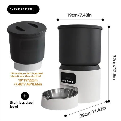 4L smart pet feeder for cats and dogs with WiFi app control and optional camera on a wooden floor.