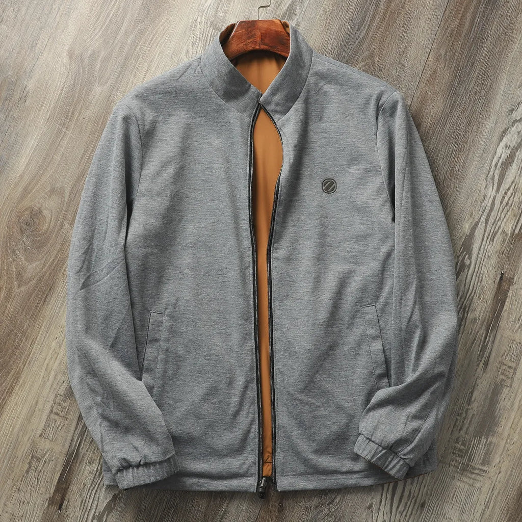 Men's stand collar jacket in polyester blend with cotton lining, shown in Army Green colour.