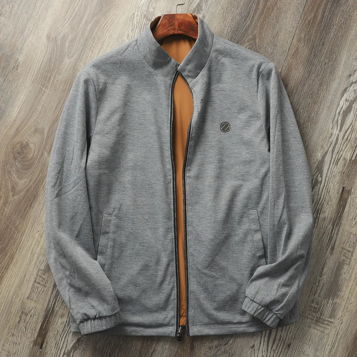Men's stand collar jacket in polyester blend with cotton lining, shown in Army Green colour.