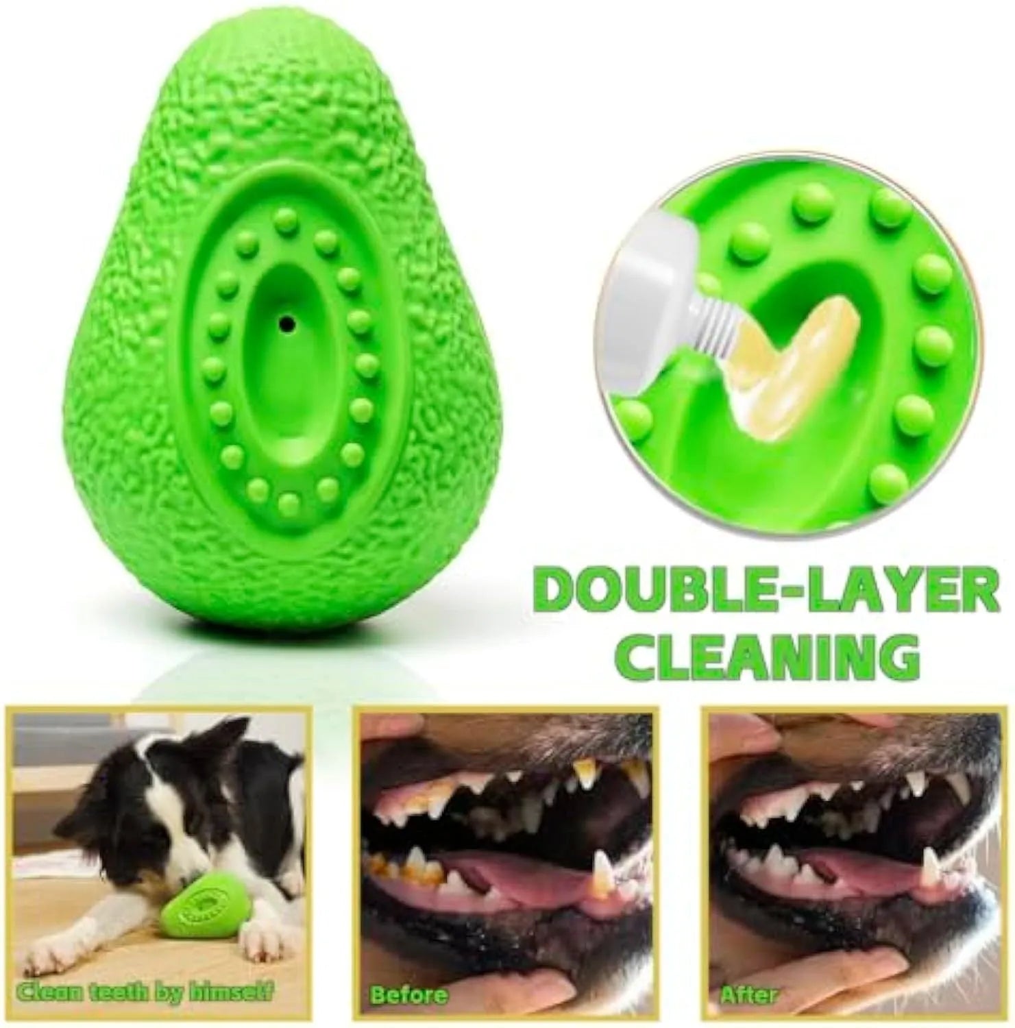 Green avocado-shaped rubber dog chew toy with textured surface for aggressive chewers
