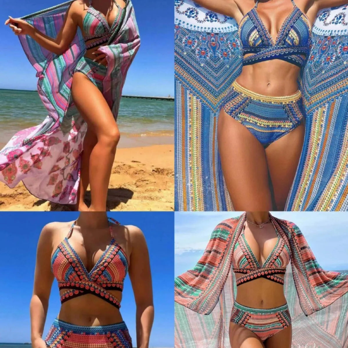 Women's high waist bikini swimsuit with cross bandage design and veils split in three-piece set