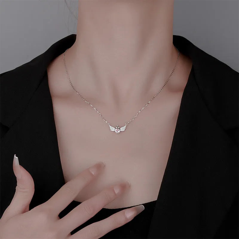 Pure silver crown heart angel wings pendant necklace with white stone and O-shaped chain