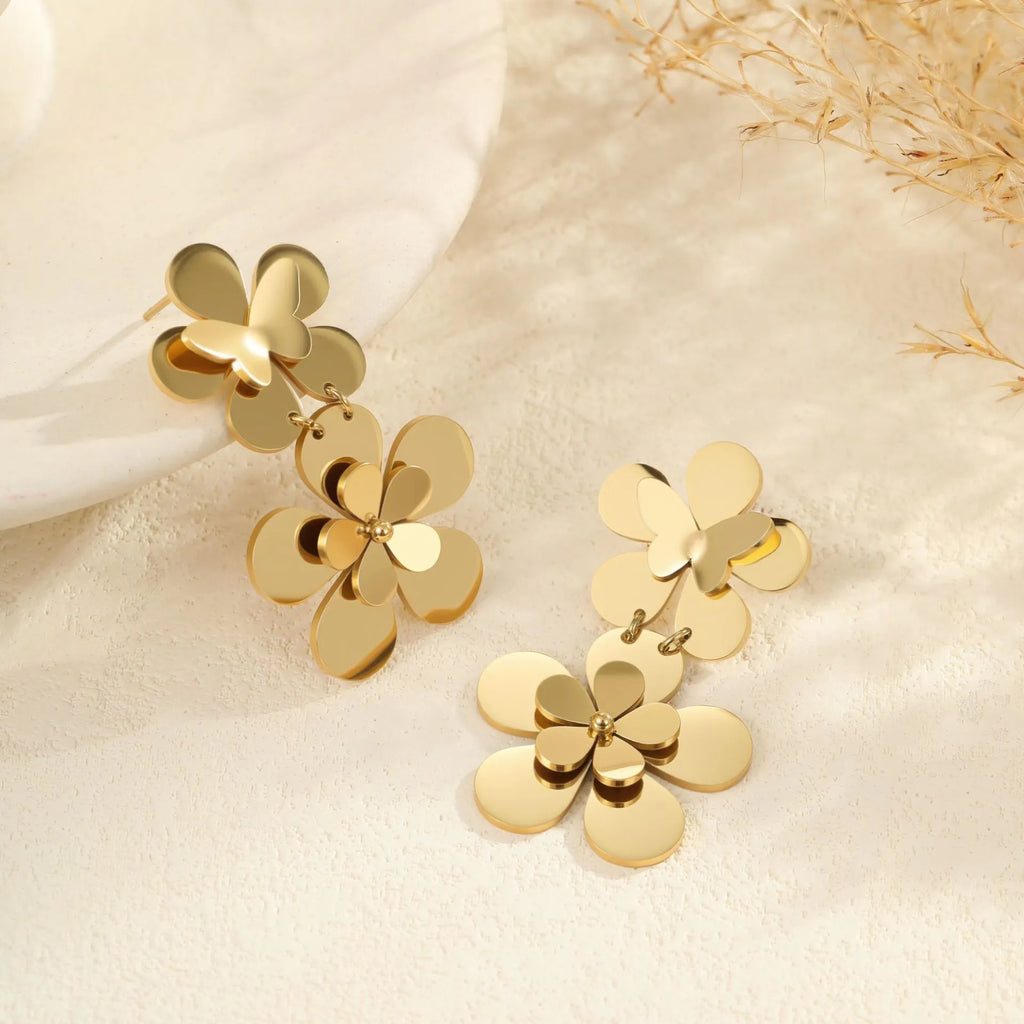 Gold flower butterfly stainless steel earrings with 18K electroplated finish for women
