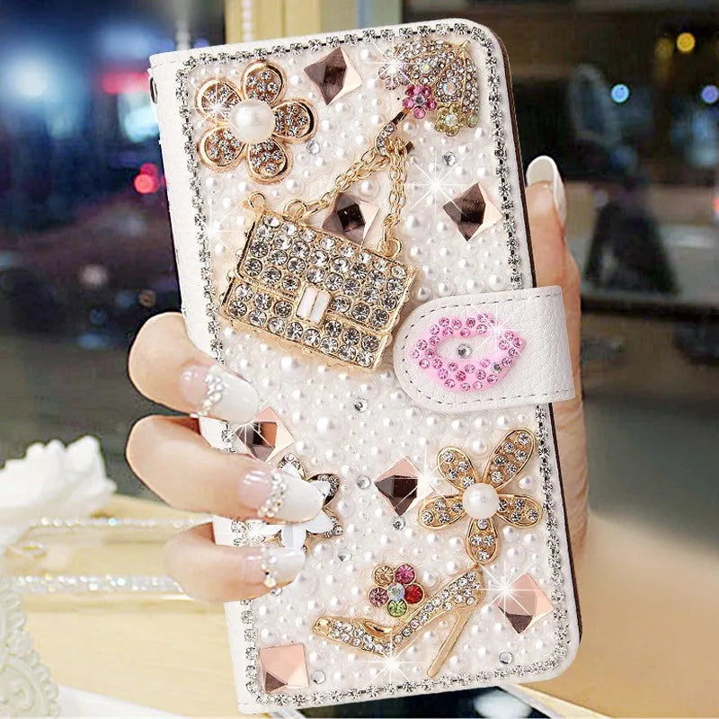 Handmade imitation leather phone case with all-inclusive rhinestone detailing in white gem wallet design